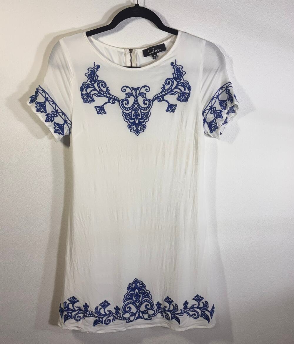 Lulus White Blue Embroidered Dress Short Sleeve A Line Mini Size Medium